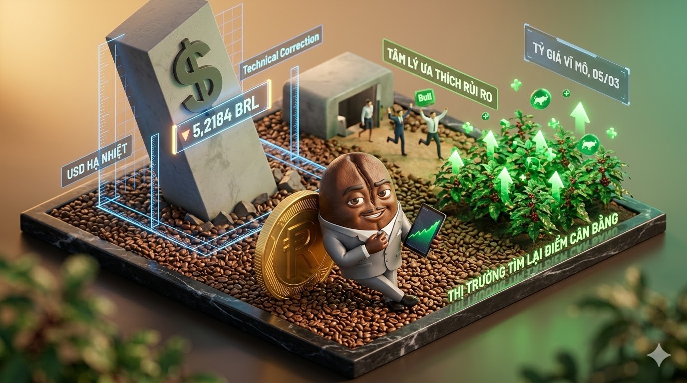 Vĩ mô Cà phê 05/03: Đồng USD thoái lui về 5,2184 BRL nhờ nhịp điều chỉnh kỹ thuật và sự phục hồi của tâm lý ưa thích rủi ro